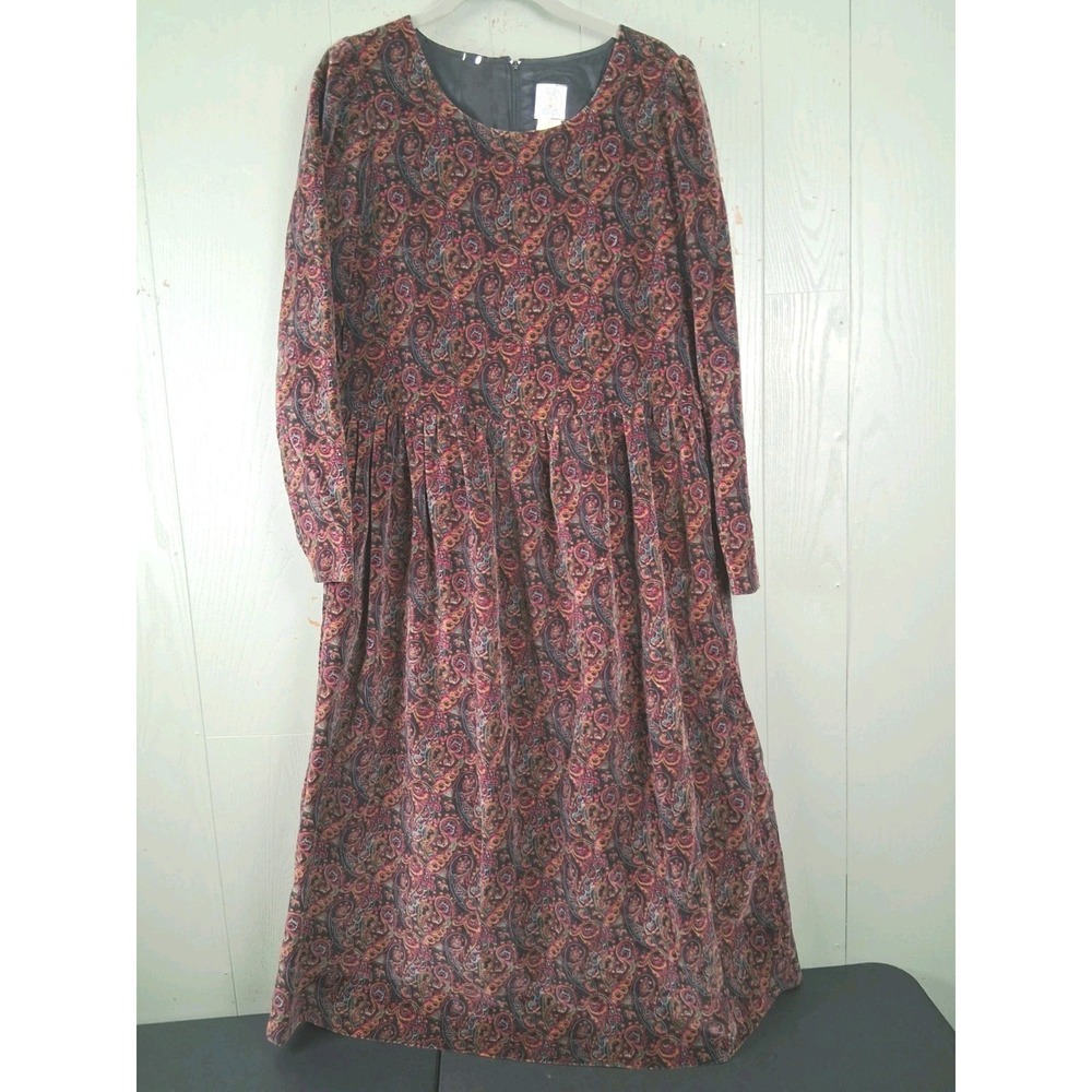 Vintage Velour Paisley Dress SMALL Burgundy Maxi MODEST Cottagecore Whimsigoth